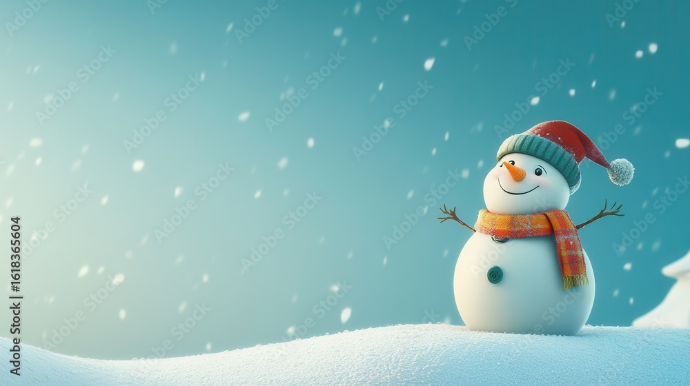 Fototapeta premium Cheerful snowman with red santa hat and scarf in snowy landscape at sunset.
