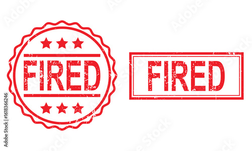 Fired Stamp Vector Set – Red Grunge Rubber Stamp Designs Featuring FIRED Text in Bold Typography, Circular and Rectangular Layouts, Vintage Distressed Texture, and Stars Accent