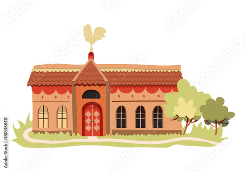 Color illustration of a country house on a green meadow