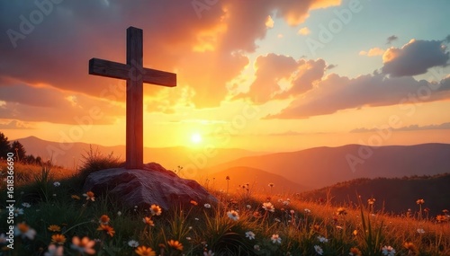 Serene sunrise over a rustic wooden cross, peaceful landscape reflecting Christian faith and hope Perfect for Easter, Lent, or general religious themes , spirituality, nature