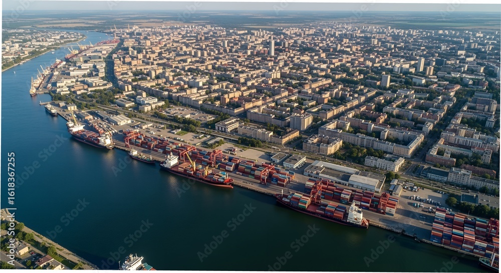 Fototapeta premium Aerial view of Kaliningrad City showing Pregolya River and a busy port with container ships during daytime city, urban, aerial, view, pregolya, river, port, container, ship, containers, ships, dockin