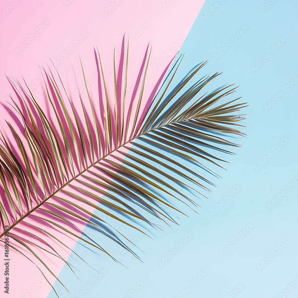 Fototapeta premium Minimalist white space with bright tropical palm leaf, magenta lighting 