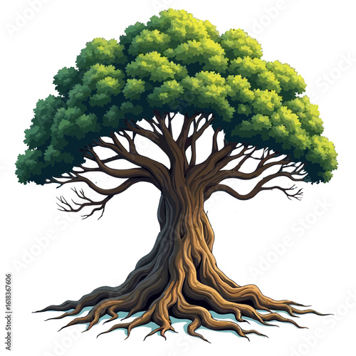 Majestic Green Tree with Visible Roots and Broad Canopy – Vector Illustration