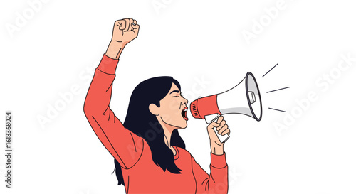 Empowered woman actively communicating through megaphone with raised fist symbolizing strength and determination