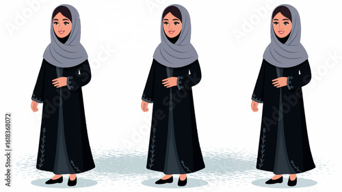 Traditional middle eastern abaya and hijab fashion illustration in three views