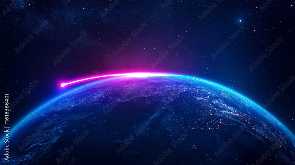 Obraz premium A breathtaking view of Earth illuminated by a stunning comet streaking across the night sky, showcasing the beauty of the cosmos