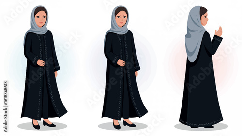 Three view illustration of a traditional middle eastern abaya and hijab outfit