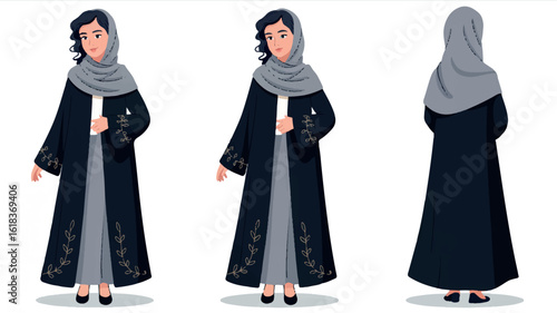 Elegant middle eastern abaya and hijab fashion illustration in three views