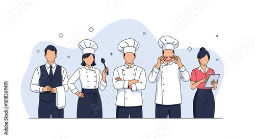 A group of talented chefs and restaurant professionals pose together ready to serve delicious cuisine with skill and expertise