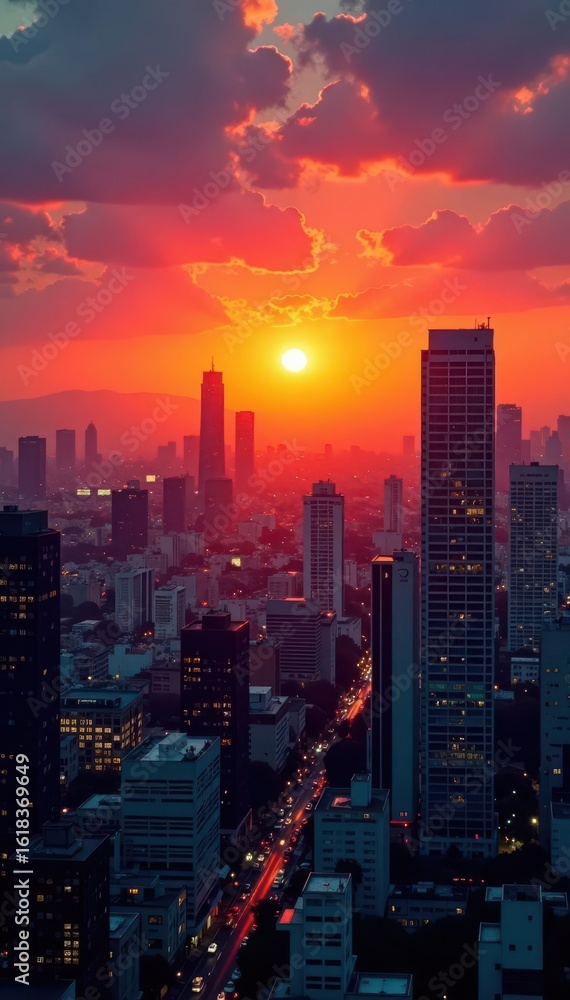 Naklejka premium Golden hour sun dips below skyscrapers, painting Tokyo skyline in fiery hues , image, night, colors