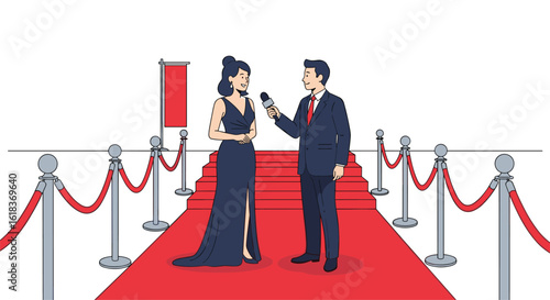 A stylish woman in an evening gown is interviewed by a reporter on a red carpet event with elegant stanchions and a promotional banner