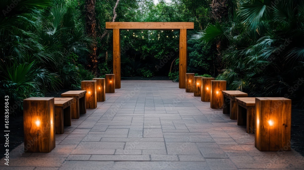 Obraz premium Elegant outdoor wedding ceremony setup featuring wooden archway and illuminated benches surrounded by lush greenery