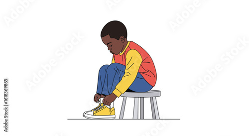 A young boy sitting on a stool patiently learning how to tie his shoelaces with a focused expression on his face