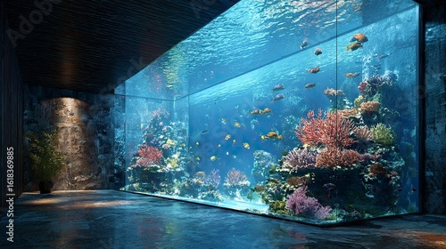 Large aquarium display with colorful coral and fish