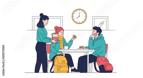 Young people enjoying a meal together at a table in a modern cafeteria or restaurant setting