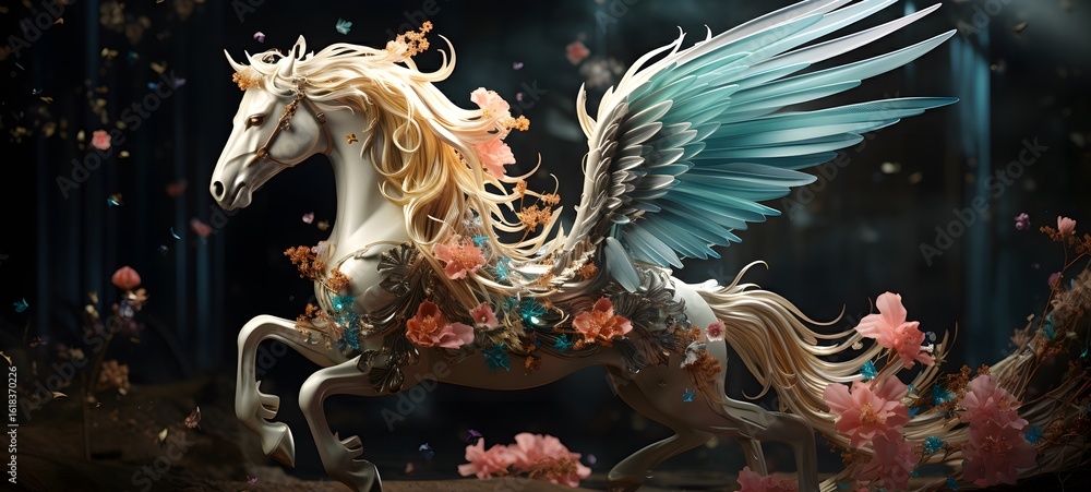 Obraz premium A Pegasus , a small creature made of glass that is sitting in the palm of your hand art, generative ai