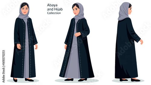 Elegant middle eastern abaya and hijab fashion illustration with multiple views