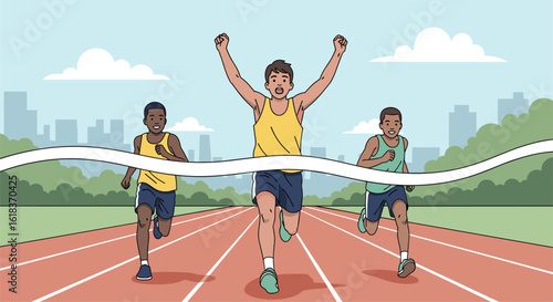 Athletes celebrate victory crossing finish line in competitive sprint race on track