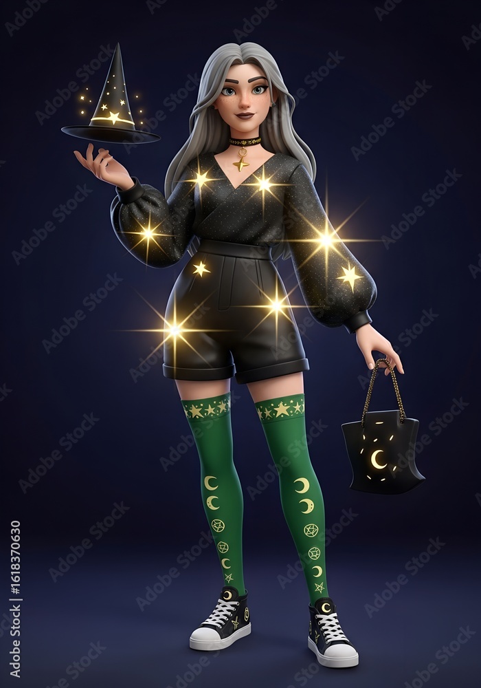 Fototapeta premium Stylish witch character wearing a black outfit, green socks, and black sneakers with a magic hat and purse decorated with stars and crescent moons on a dark background costume, halloween, holiday, you