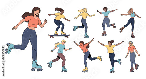 A collection of diverse people enjoying various forms of rolling sports and activities outdoors on a sunny day