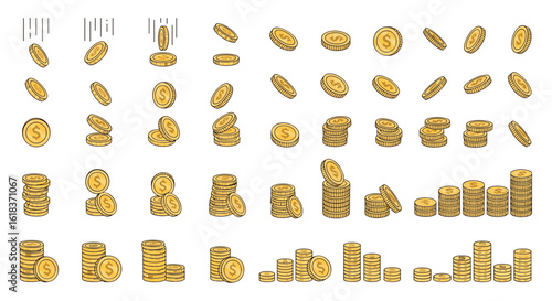 Collection of golden coins and treasures in pixel art style for game development and design projects