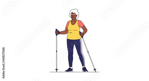 Active senior woman engaged in nordic walking exercise with poles outdoors enjoying healthy lifestyle and physical activity