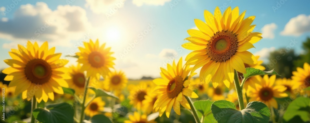 Fototapeta premium Golden sunflowers bask in summer sun, vibrant petals reaching for the sky , august, floral