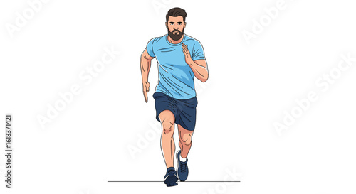 Athletic man with beard jogging outdoors dressed in blue sportswear for fitness and healthy lifestyle