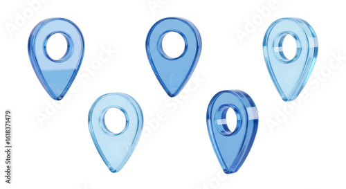 3D blue map pins scattered on a white background representing location navigation and travel