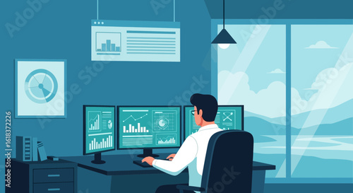 Financial Analyst Working On Multiple Screens With Data Graphs