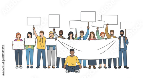 Diverse crowd of people holding signs and banners during a public demonstration event