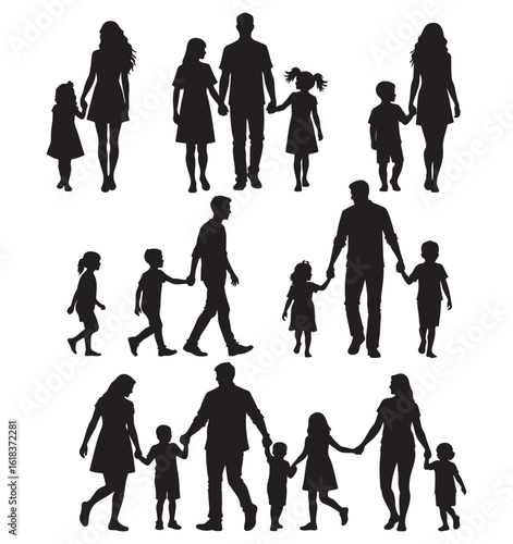  family silhouettes featuring parents with children walking hand in hand, symbolizing love, unity, support, and the bond of parenthood and childhood.