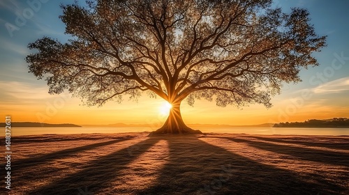Majestic Tree Silhouetted Against A Vibrant Sunrise Over Water