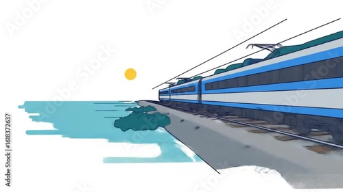 Train Traveling Along Coastline Animated Cartoon Style