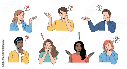 Diverse individuals expressing confusion doubt and uncertainty through varied emotions and gestures