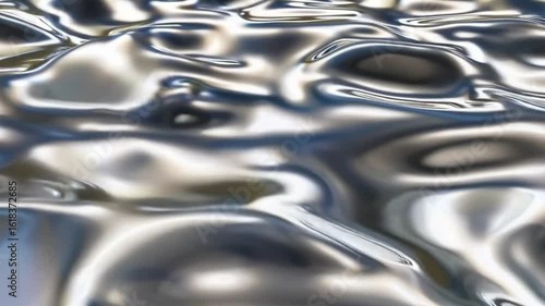 Abstract metallic wavy surface, creating a mesmerizing reflective texture and liquid metal appearance. The dynamic light reflection creates an impression of motion and fluidity.