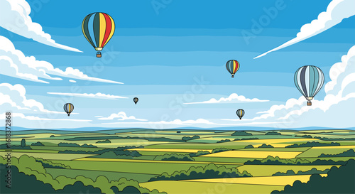 Scenic hot air balloon ride over lush green landscape under a bright blue sky