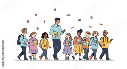 A diverse group of cheerful elementary school students walks with their teacher during autumn with falling leaves