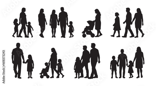  family silhouettes featuring parents with children walking hand in hand, symbolizing love, unity, support, and the bond of parenthood and childhood.