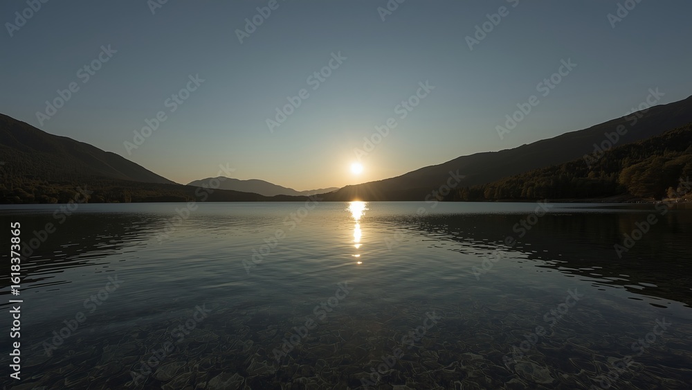 Fototapeta premium Serene sunset over a tranquil lake, reflecting mountains and a golden sky.