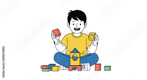 A young child enjoying creative playtime building structures with colorful wooden blocks indoors