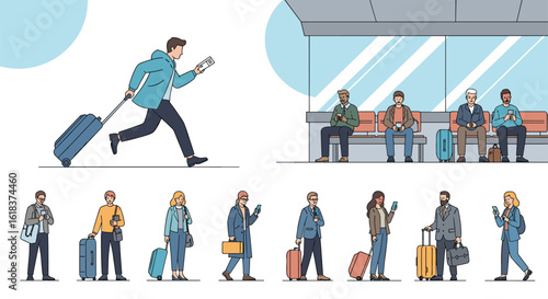 Travelers hurry to catch their flights while others wait patiently at the airport terminal