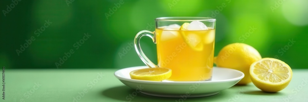 Fototapeta premium Iced lemon tea in elegant white china, green backdrop , citrus, simple, yellow
