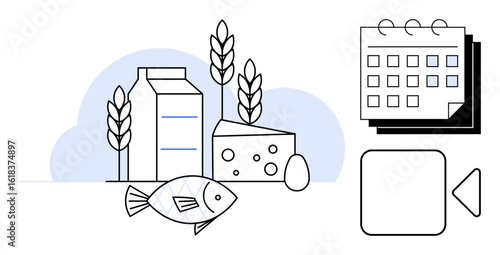 Milk carton, cheese, fish, egg, grains, and calendar symbolizing food diversity, meal scheduling, diet balance. Ideal for health agriculture meal prep fitness nutrition wellness simple flat