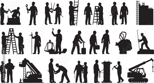 Collection of construction worker silhouettes with tools and equipment isolated on transparent background