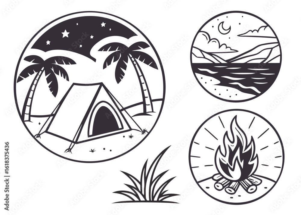 Fototapeta premium Icon Set Inspired by Beach Camping with Tents, Campfire, Palm Trees, Ocean, Moon, and Stars
