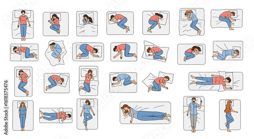 Diverse sleeping positions of individuals depicted from above illustrating common body postures during rest