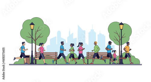 Diverse group of people enjoying a healthy outdoor running activity together in a picturesque city park setting with greenery and benches