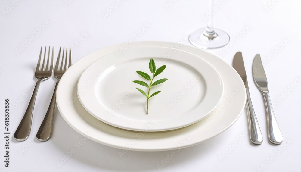 Elegant White Table Setting With Green Sprig Elegant White Table Setting With Green Sprig