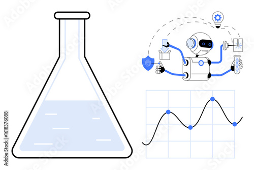 Laboratory flask with liquid, multi-tasking robot utilizing AI, data graph. Ideal for innovation, AI integration, robotics, laboratory analysis, data science, automation technological advancement